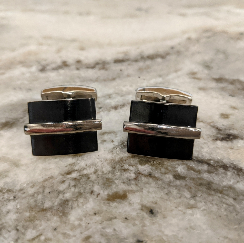 Art Deco Style Black Onyx and Silver Cufflinks